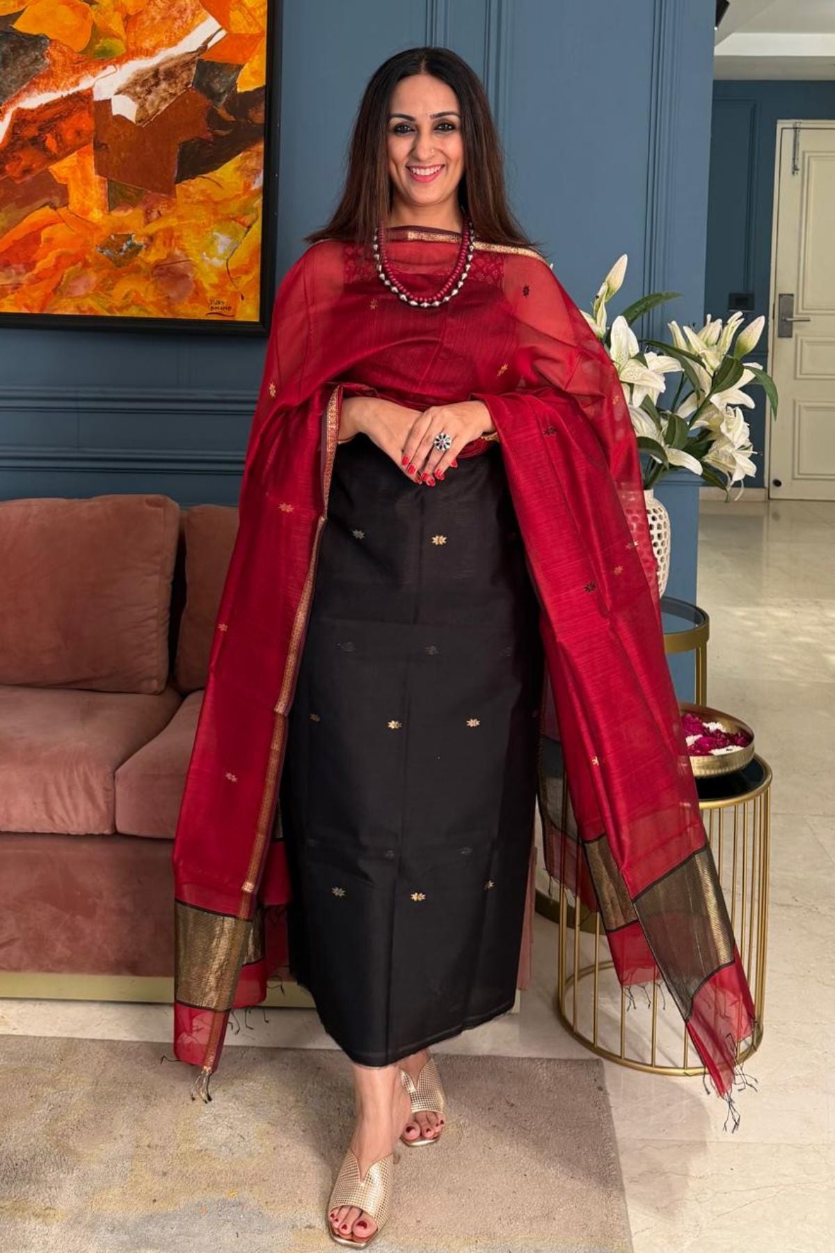 Maheshwari handloom silk by cotton kurta dupatta set